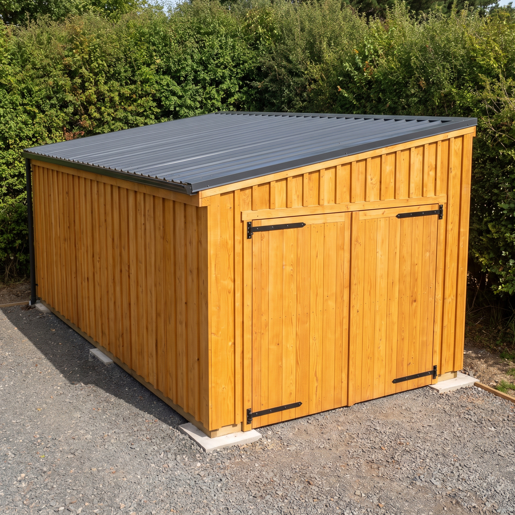Garage en bois une voiture en douglas neuf, bardage à couvre-joint, porte fermée
