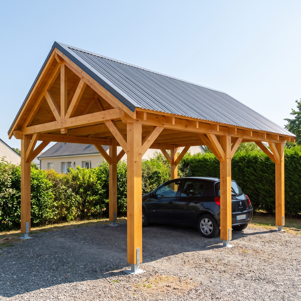 Carport en bois à deux pentes en douglas neuf, vu de trois quarts sur une allée de gravier