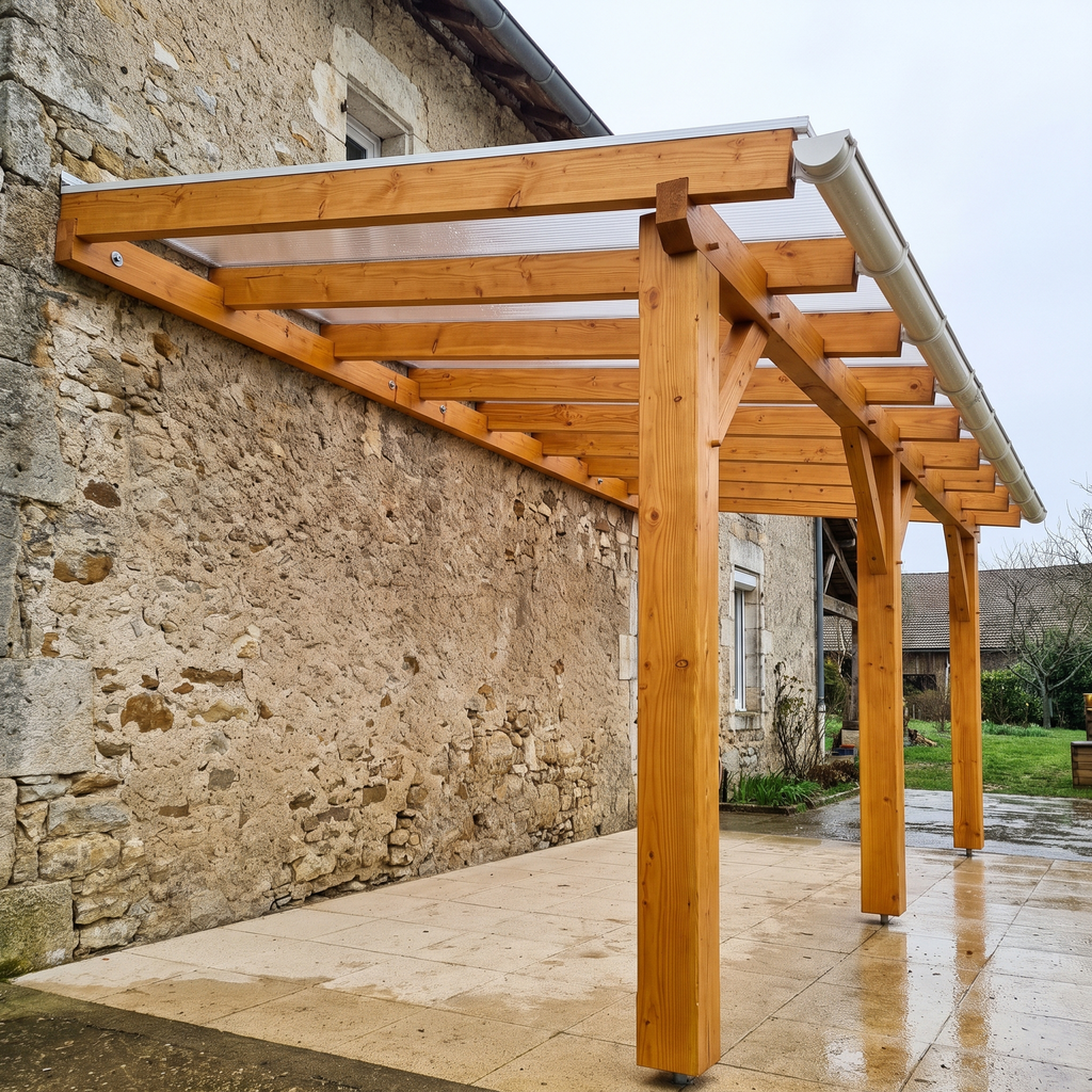 Plan pergola bois adossée : pergola en douglas neuf contre une façade en pierre sous la pluie