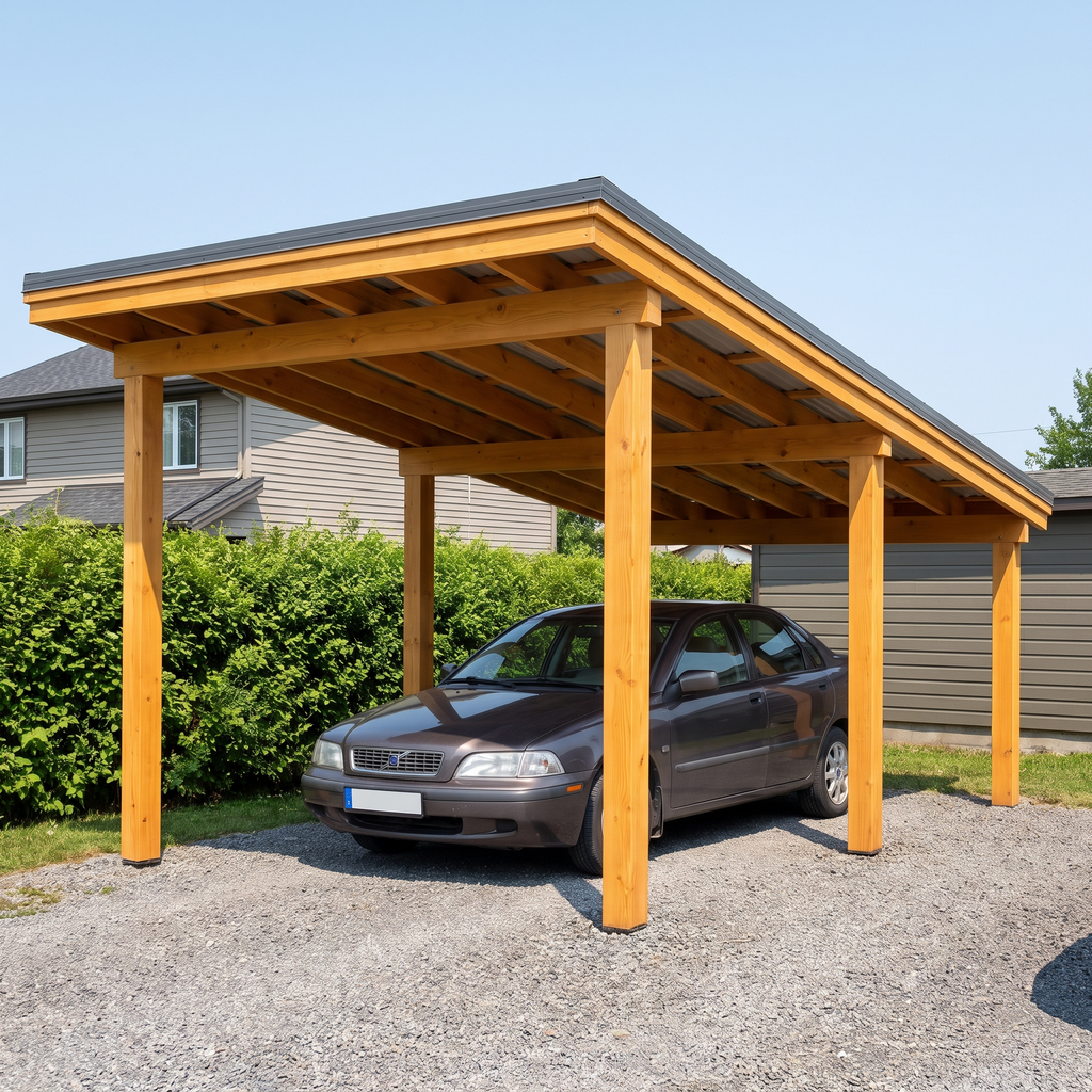 Carport en bois monopente en douglas neuf, vu de trois quarts sur une allée de gravier