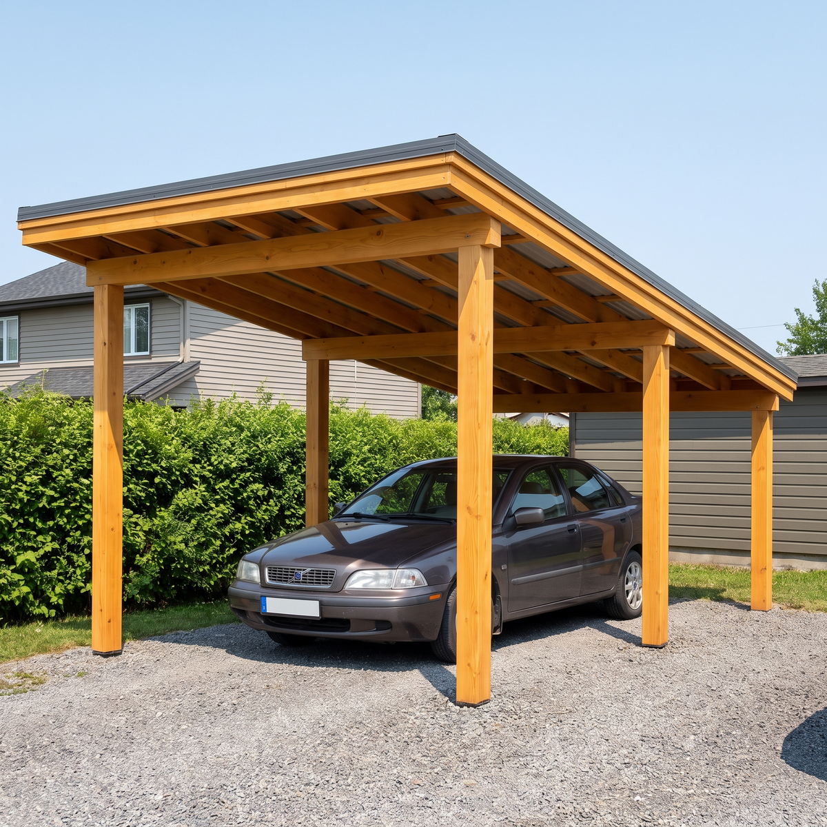 Carport en bois monopente en douglas neuf, vu de trois quarts sur une allée de gravier