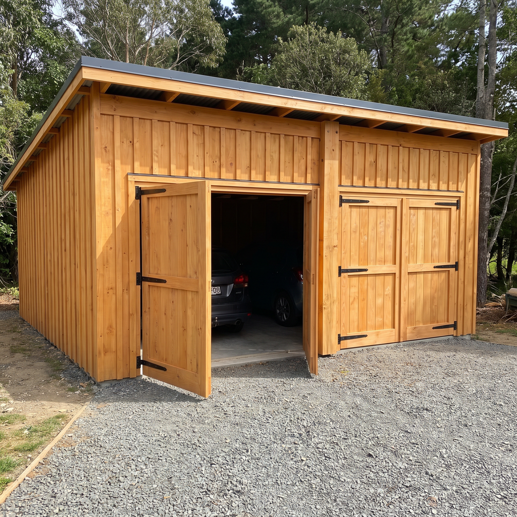 Garage double en bois en douglas neuf, deux ouvertures séparées par un poteau central