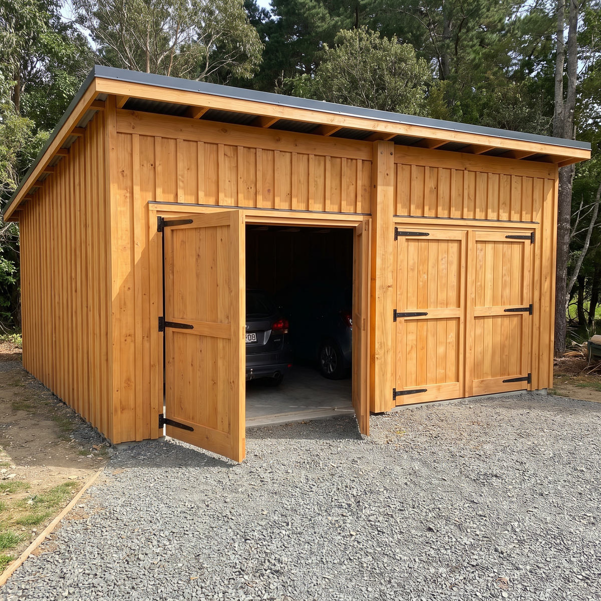 Garage double en bois en douglas neuf, deux ouvertures séparées par un poteau central