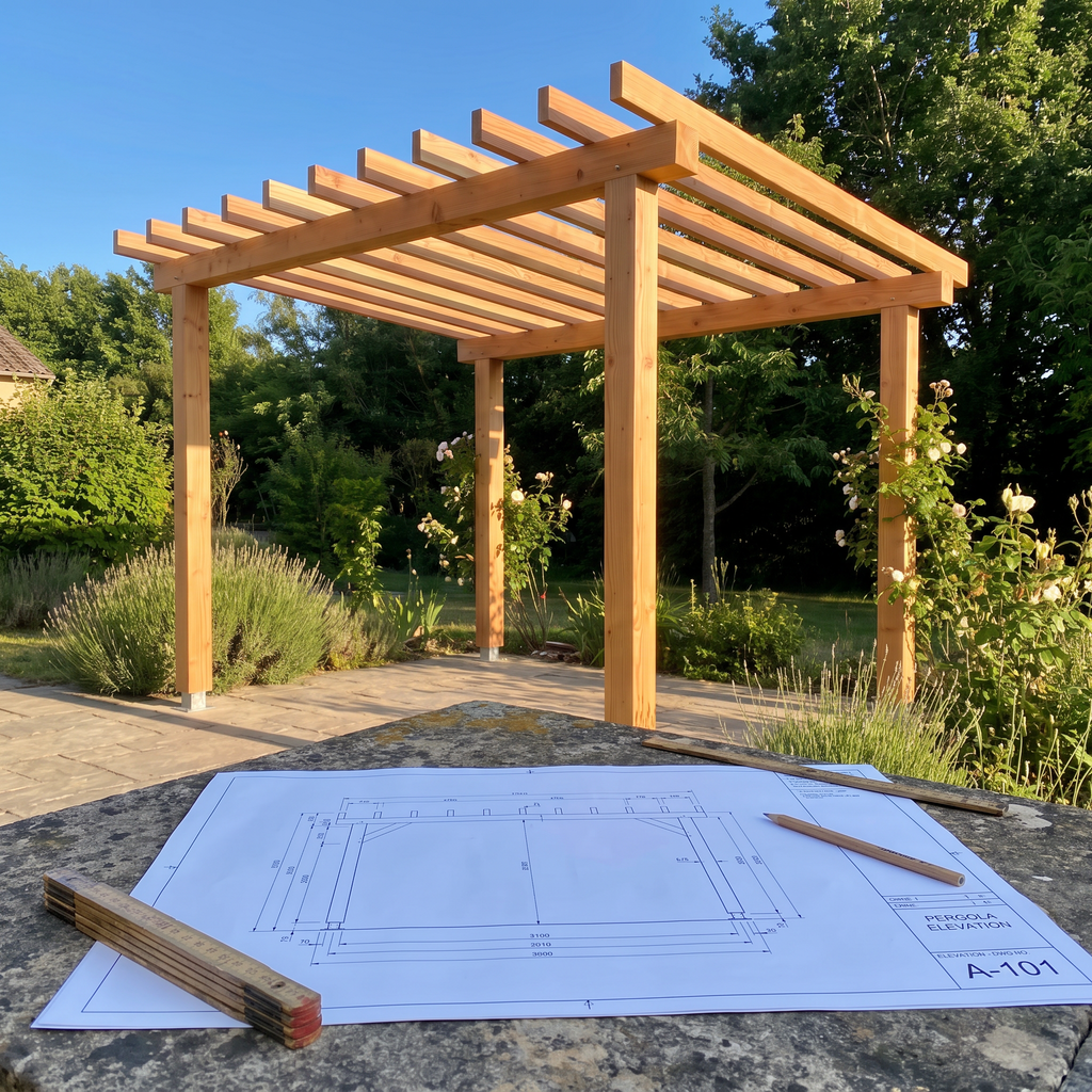 Élévation cotée du plan pour fabriquer une pergola en bois, posée devant l'ouvrage