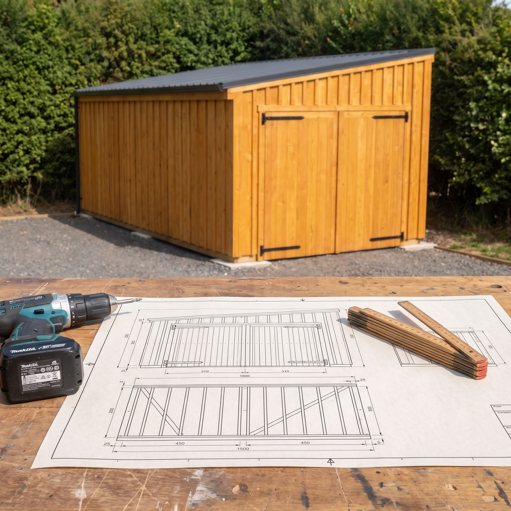 Plan coté du garage en bois en A3 posé devant le garage terminé