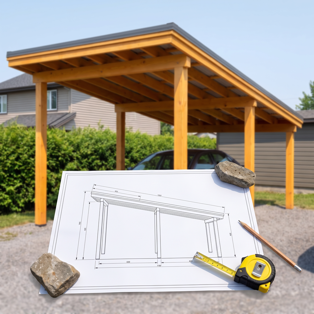 Plan coté du carport monopente en A3 posé devant le carport terminé