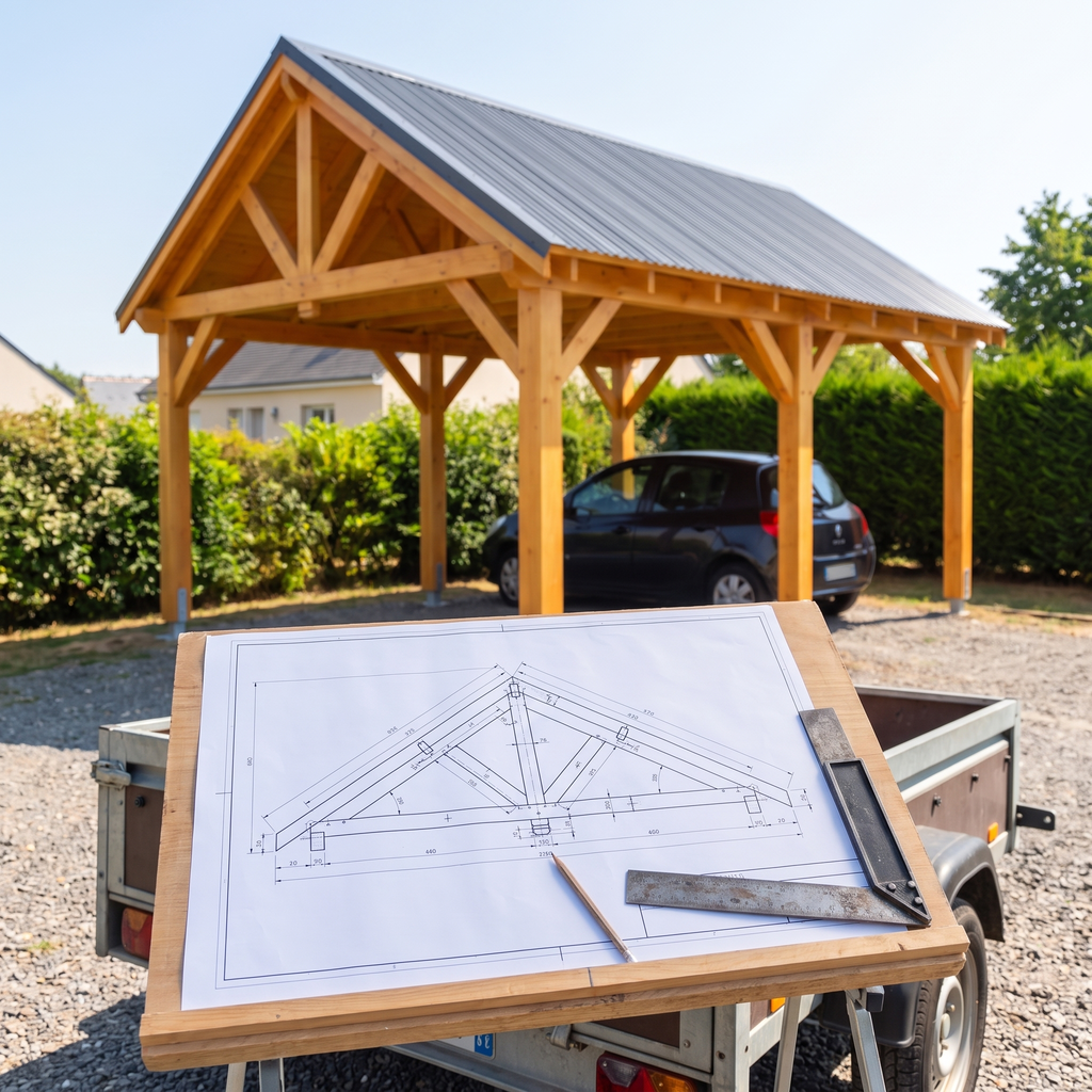 Plan coté du carport bois en A3 posé devant le carport terminé