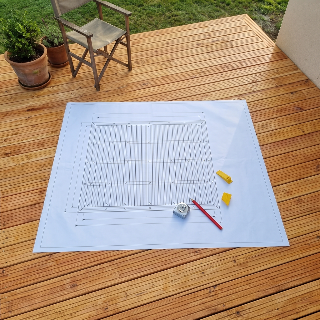 Plan de calepinage coté de la terrasse posé sur les lames neuves