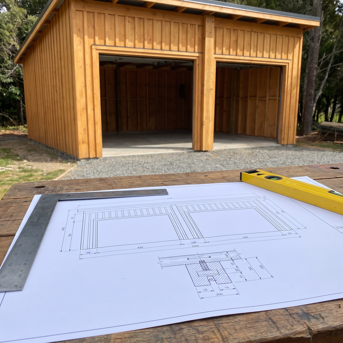 Plan coté du garage double en A3 posé devant le garage terminé