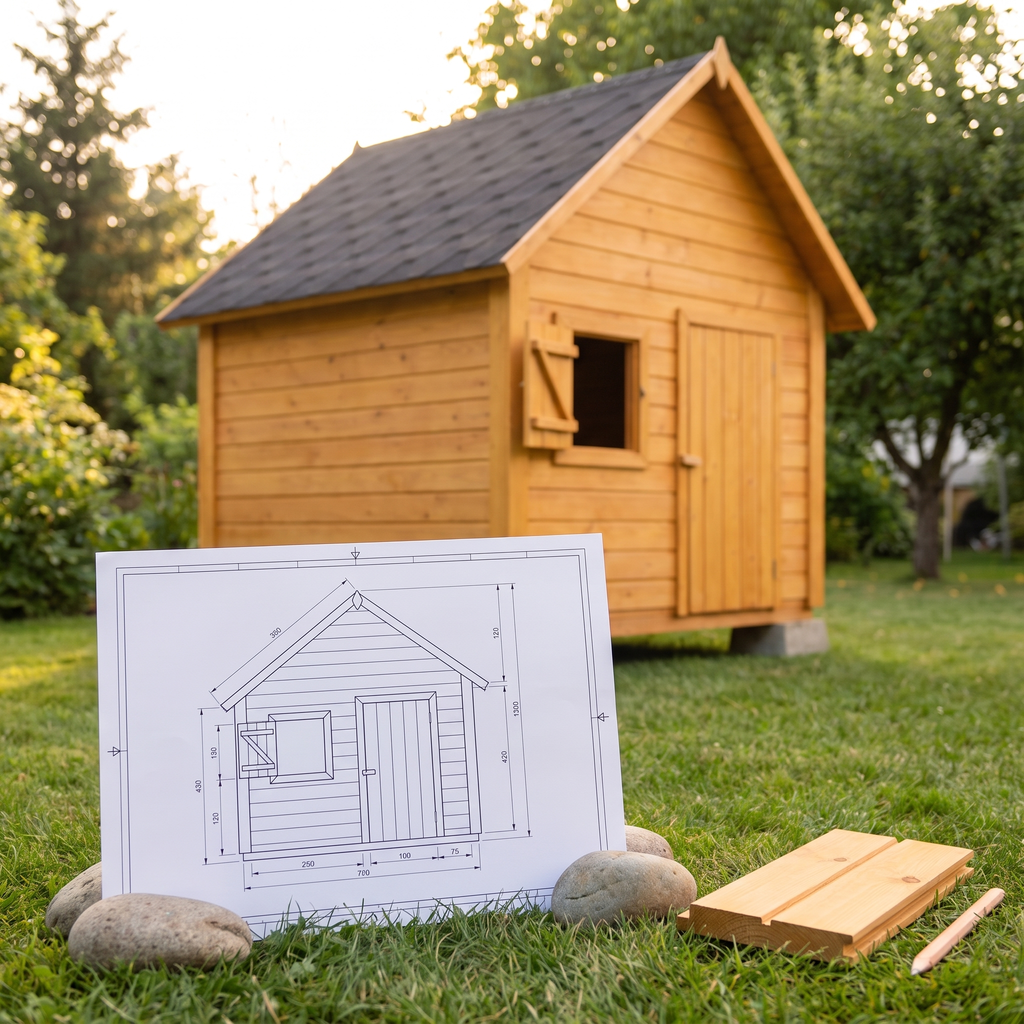 Plan coté de la cabane en bois pour enfant en A3 posé devant la cabane terminée