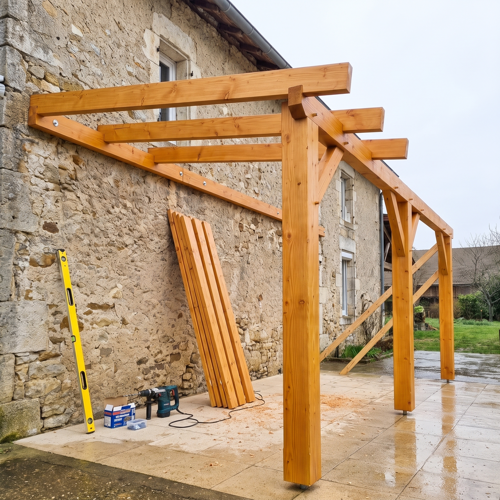 Pose des plaques de polycarbonate sur les chevrons de la pergola adossée