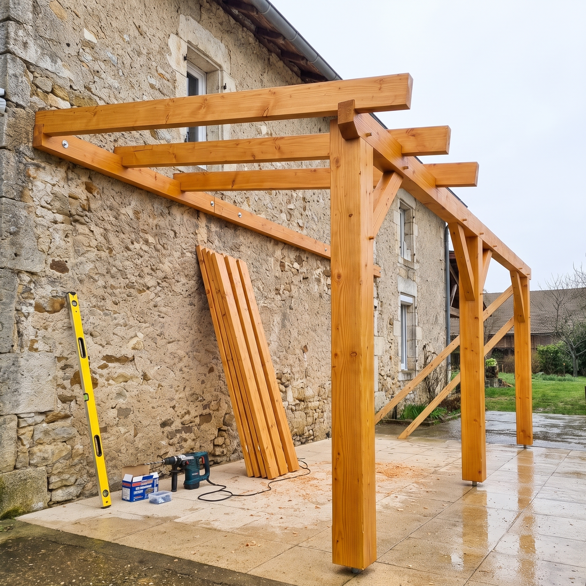 Pose des plaques de polycarbonate sur les chevrons de la pergola adossée
