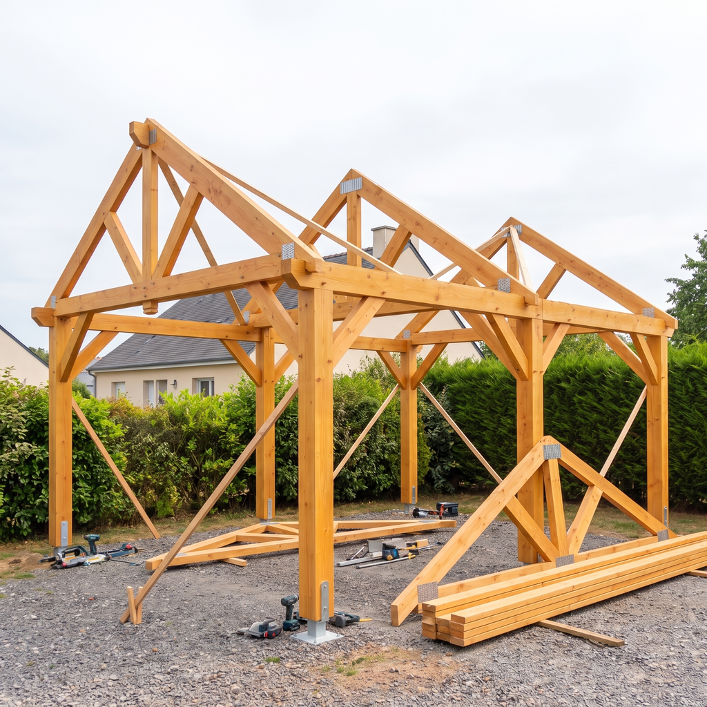 Fermes du carport en cours de levage sur les poutres de rive, chantier à mi-montage