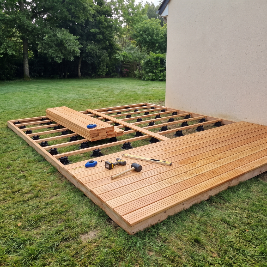 Terrasse en bois à mi-montage, plots et lambourdes visibles, platelage à moitié posé