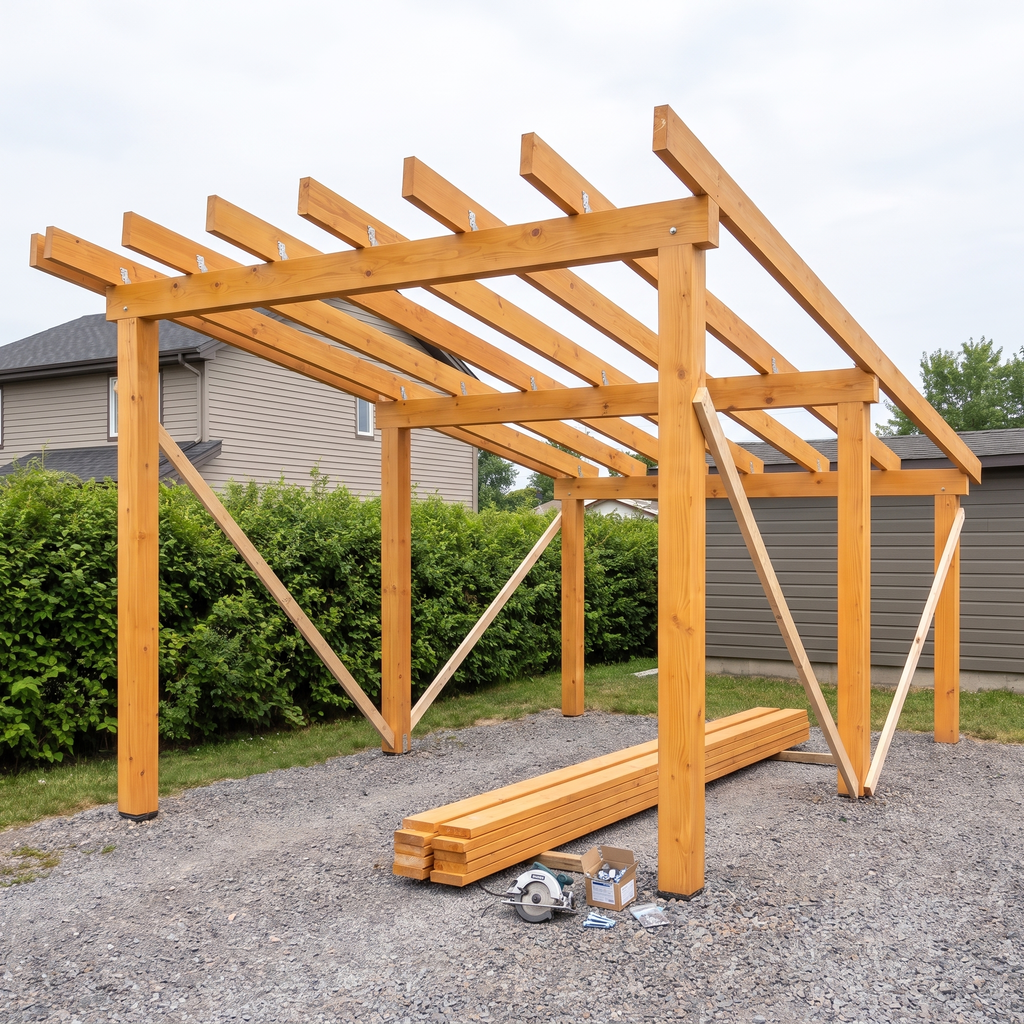 Chevrons du carport monopente en cours de pose sur la poutre haute