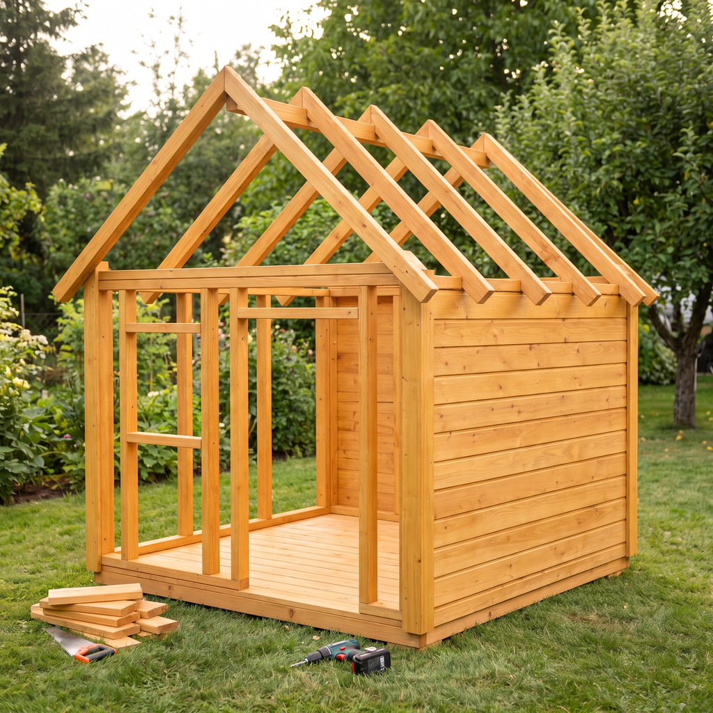 Cabane d'enfant à mi-montage, murs levés et fermes du toit posées