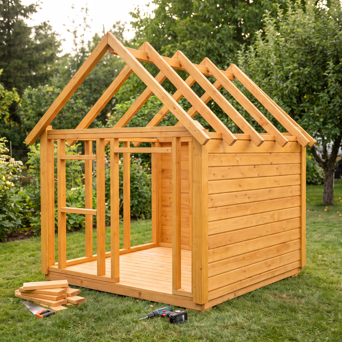 Cabane d'enfant à mi-montage, murs levés et fermes du toit posées