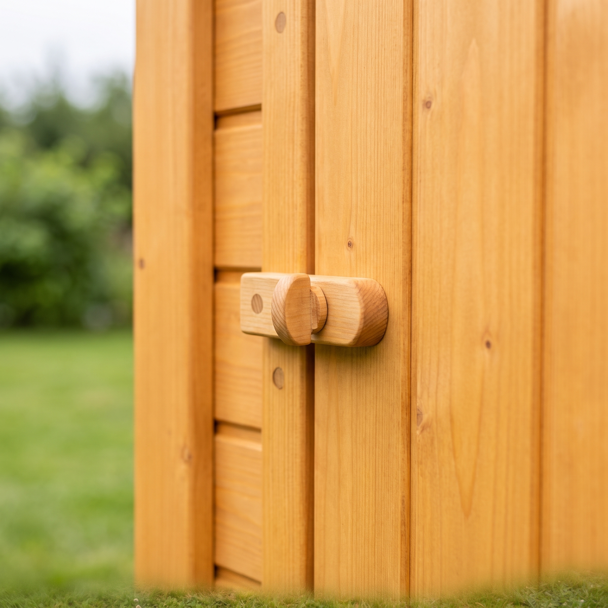 Macro du loquet de la cabane à hauteur d'enfant, chants arrondis et vis noyées