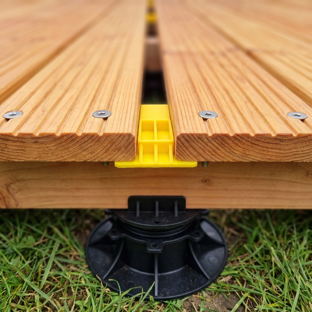 Macro du jeu entre deux lames de terrasse, cale jaune et plot PVC sous la lambourde