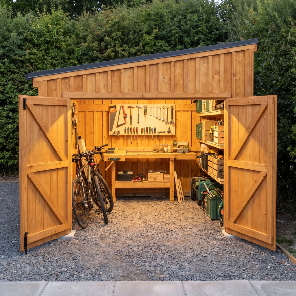 Garage en bois portes ouvertes, établi et vélos rangés à l'intérieur