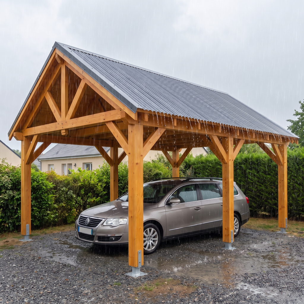 Voiture au sec sous le carport à deux pentes pendant la pluie