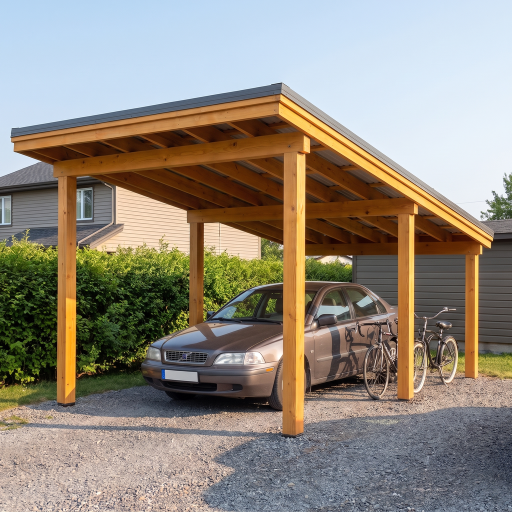 Voiture et vélos rangés sous le carport monopente en fin de journée