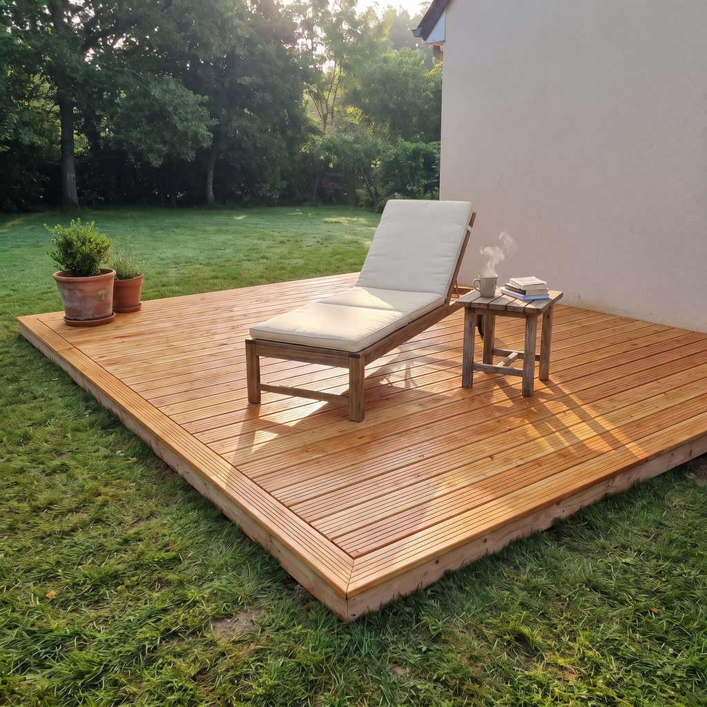 Chaise longue sur la terrasse en bois de plain-pied au petit matin