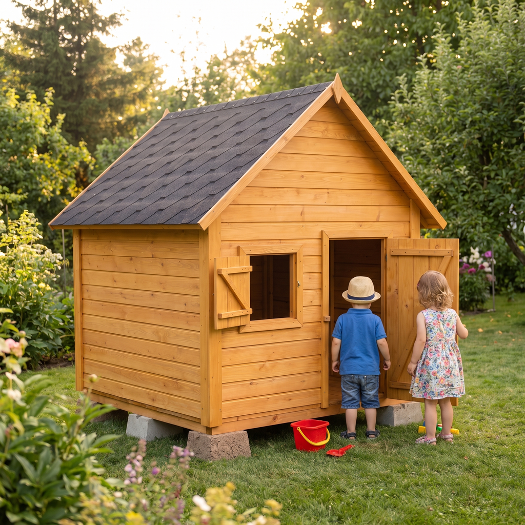 Deux enfants jouant devant la cabane en bois posée sur la pelouse
