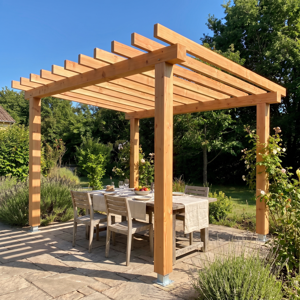 Table dressée sous la pergola en bois, ombres rayées des chevrons sur la nappe