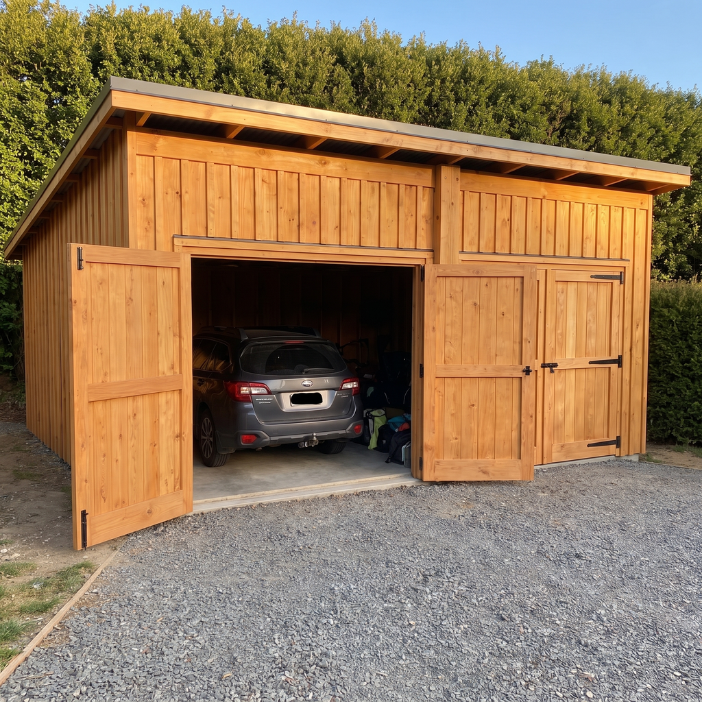 Garage double en bois, une travée ouverte avec la voiture garée dedans