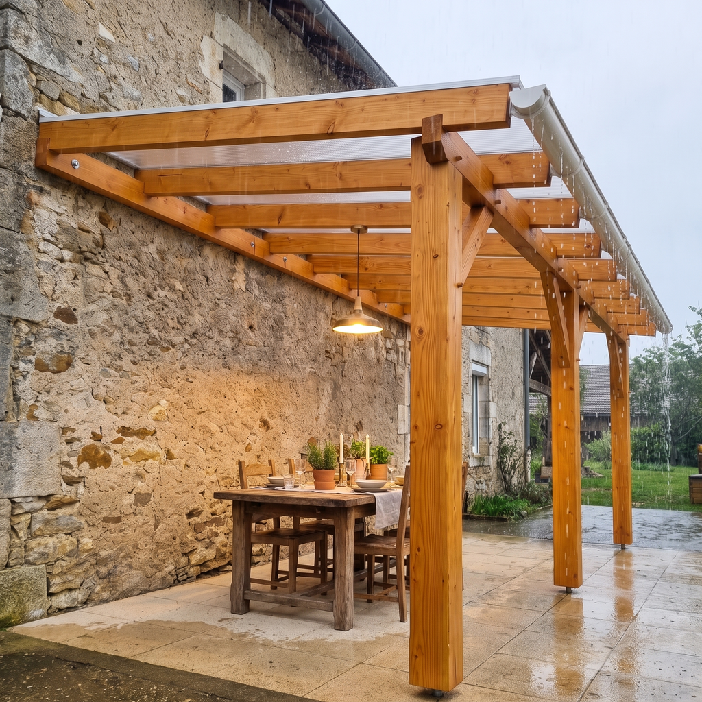 Repas servi au sec sous la pergola adossée pendant une averse