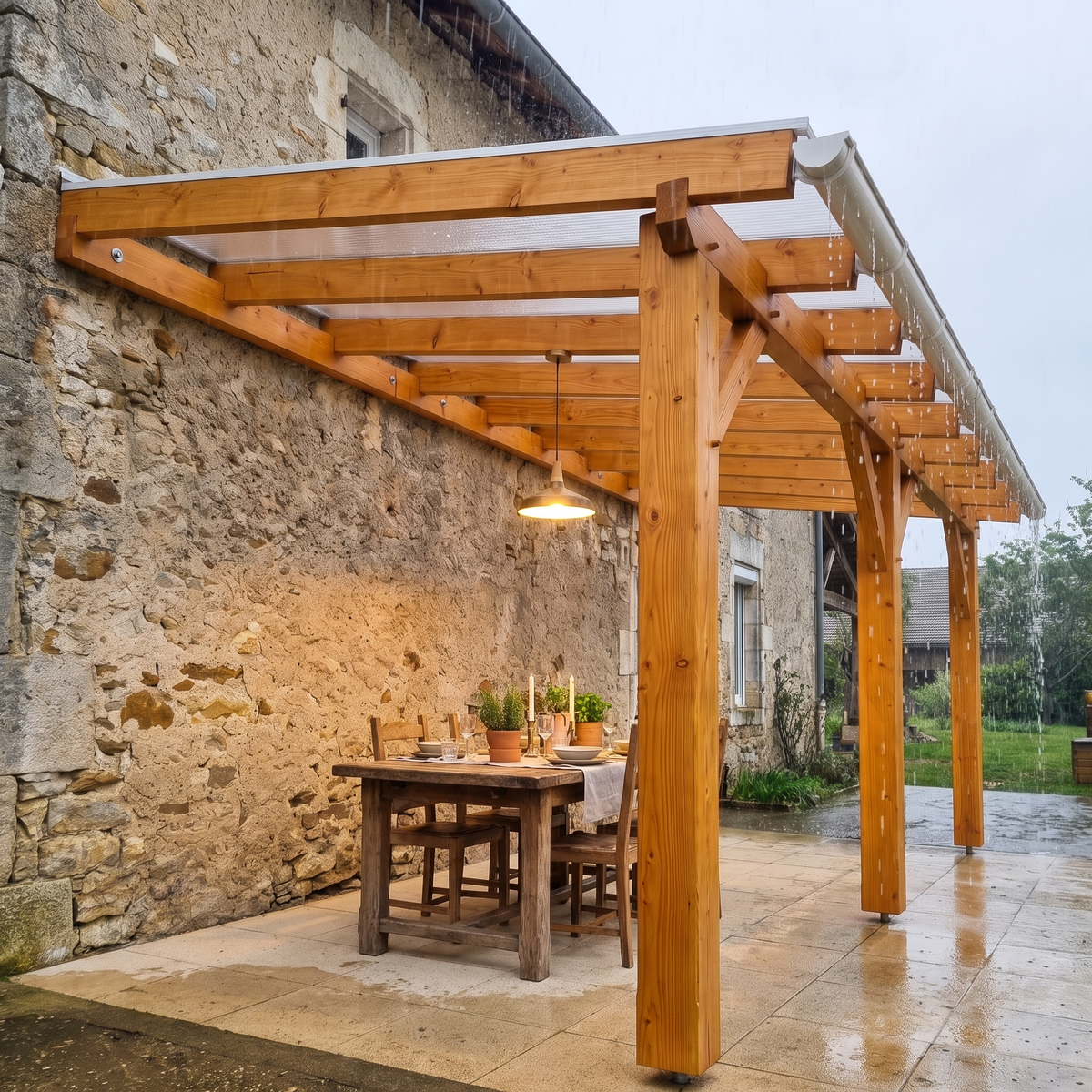 Repas servi au sec sous la pergola adossée pendant une averse