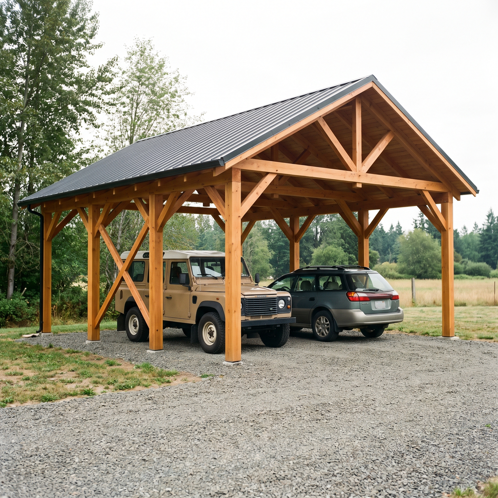 Carport en bois deux voitures en douglas neuf, deux véhicules garés côte à côte