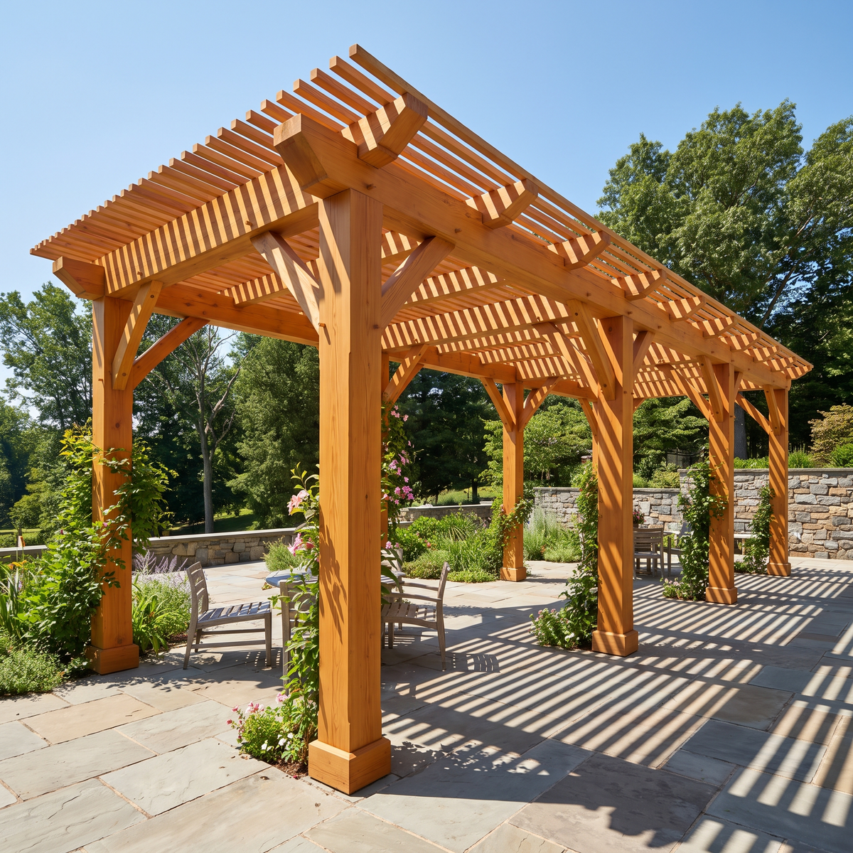 Grande pergola en bois 6x4 en douglas neuf, trois files de poteaux sur une terrasse