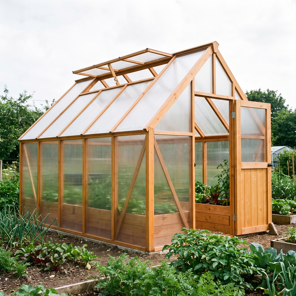 Serre de jardin en bois et polycarbonate en douglas neuf, lanterneau d'aération ouvert
