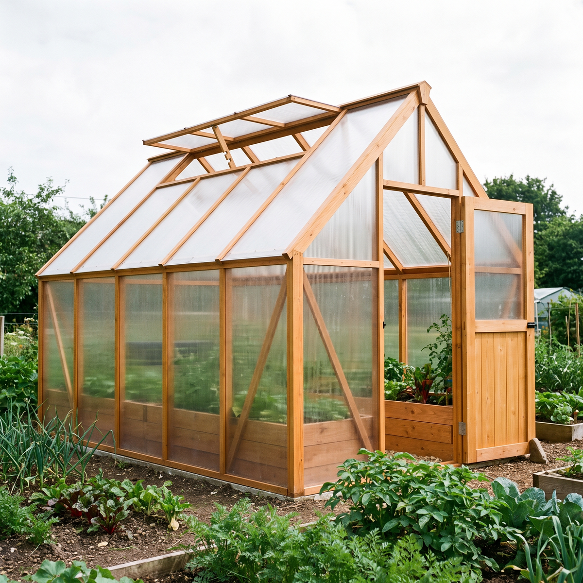 Serre de jardin en bois et polycarbonate en douglas neuf, lanterneau d'aération ouvert