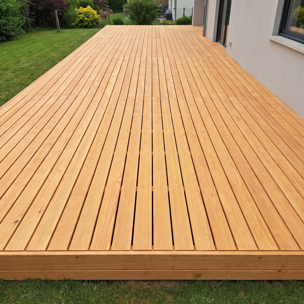 Grande terrasse en bois de plain-pied en douglas neuf, platelage d'un seul tenant