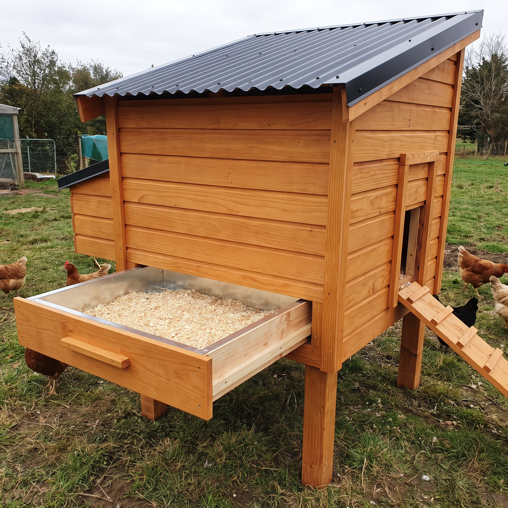 Poulailler en bois sur pieds courts avec son tiroir de plancher tiré à moitié