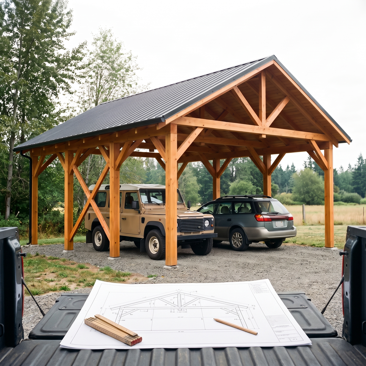 Plan coté du carport deux voitures en A3 posé devant le carport terminé