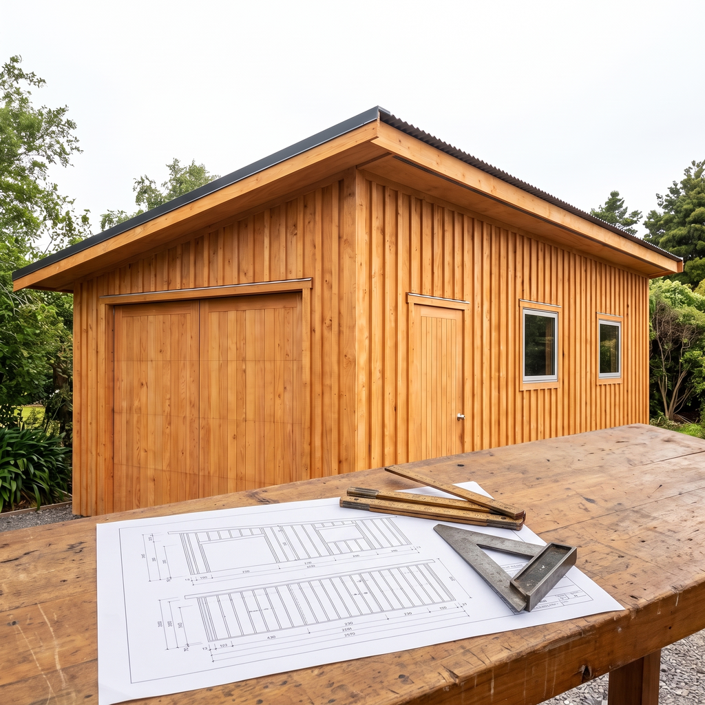Plan coté du garage-atelier en A3 posé sur l'établi encastré