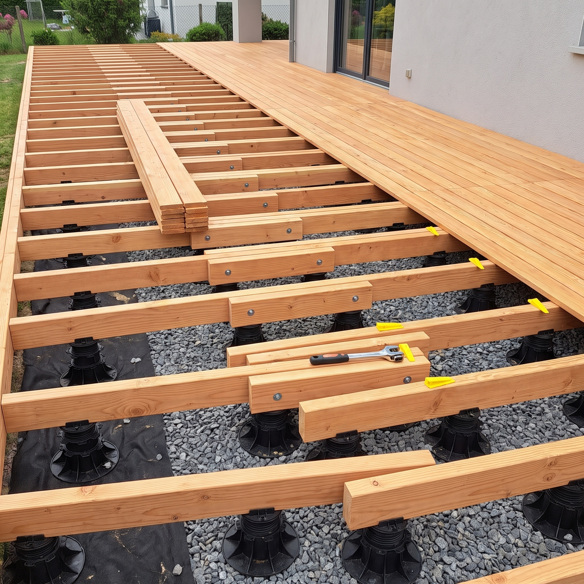 Terrasse à mi-montage, lambourdes doublées posées sur leurs plots réglables
