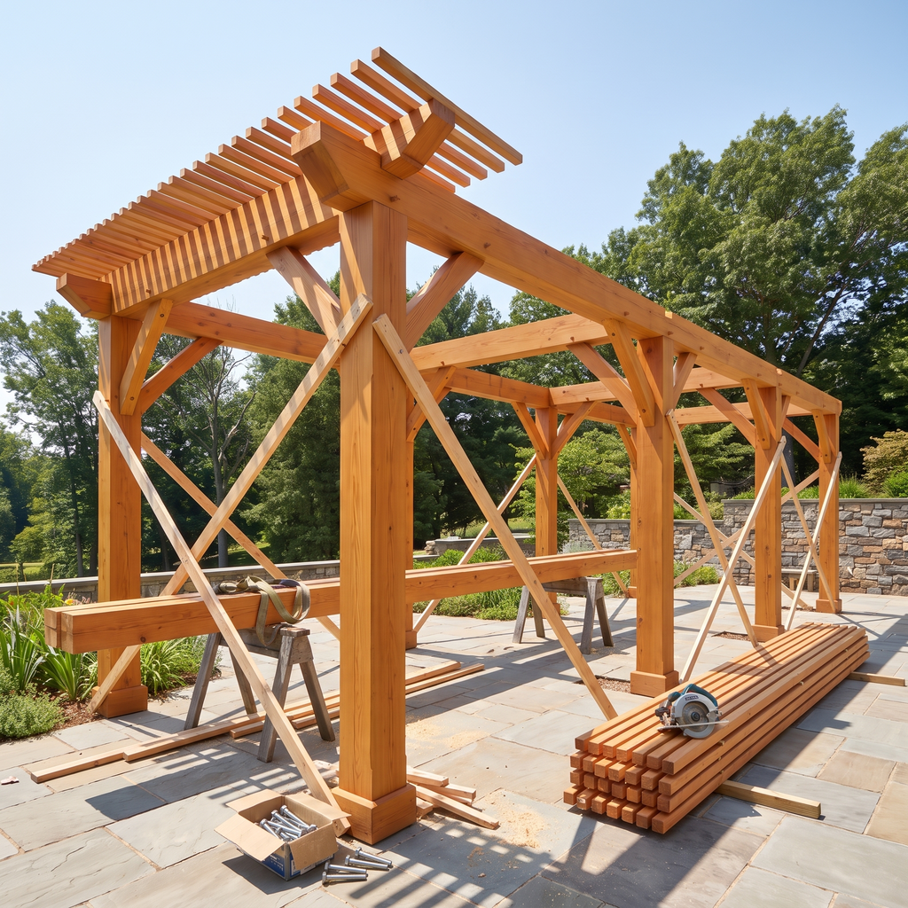 Pergola 6x4 à mi-montage, poteaux dressés et poutres en cours de levage