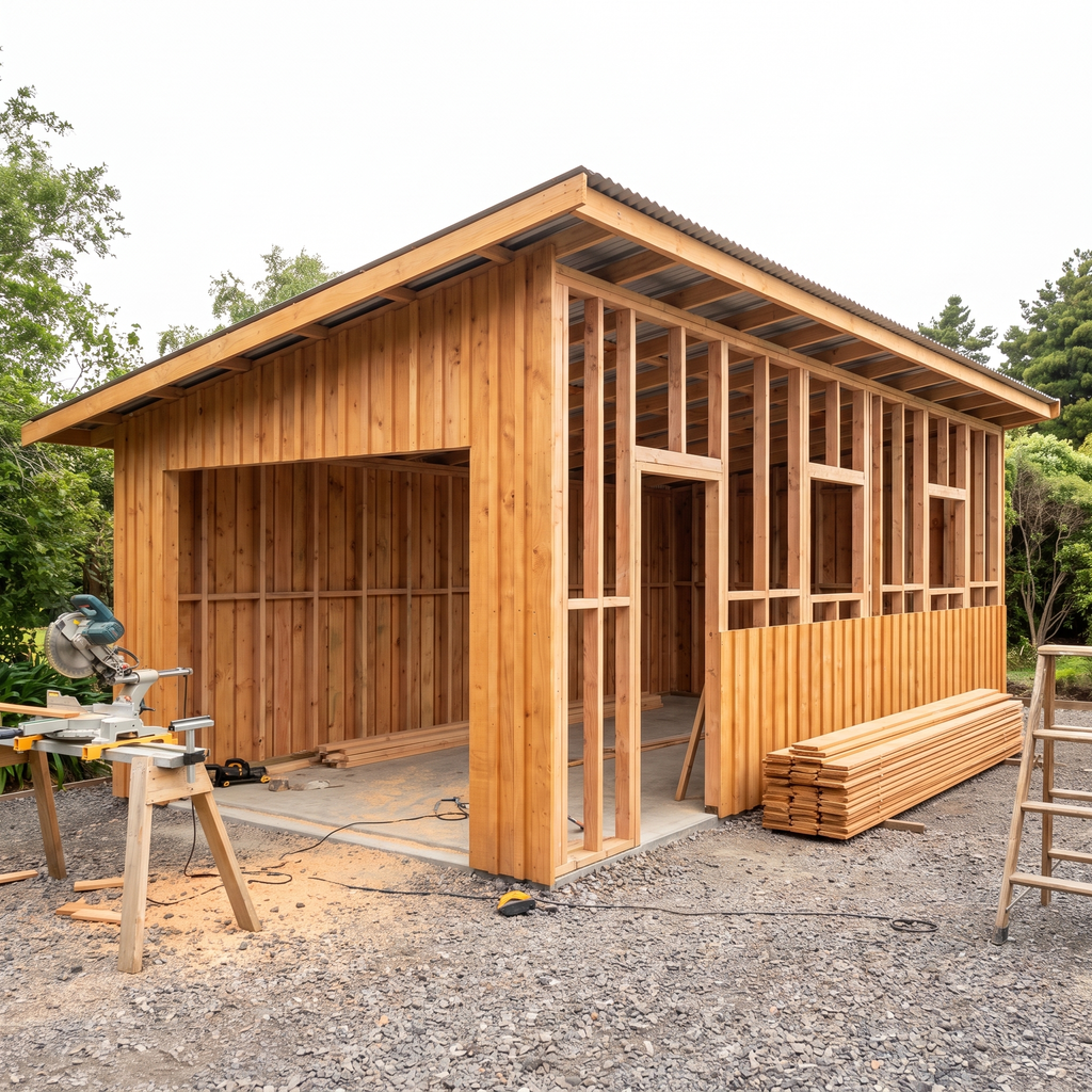 Ossature du garage-atelier levée et à demi bardée, chantier à mi-montage