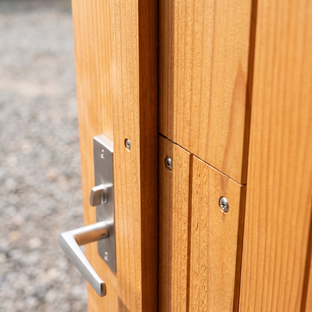 Macro de la porte de service du garage-atelier et de son bardage à couvre-joint